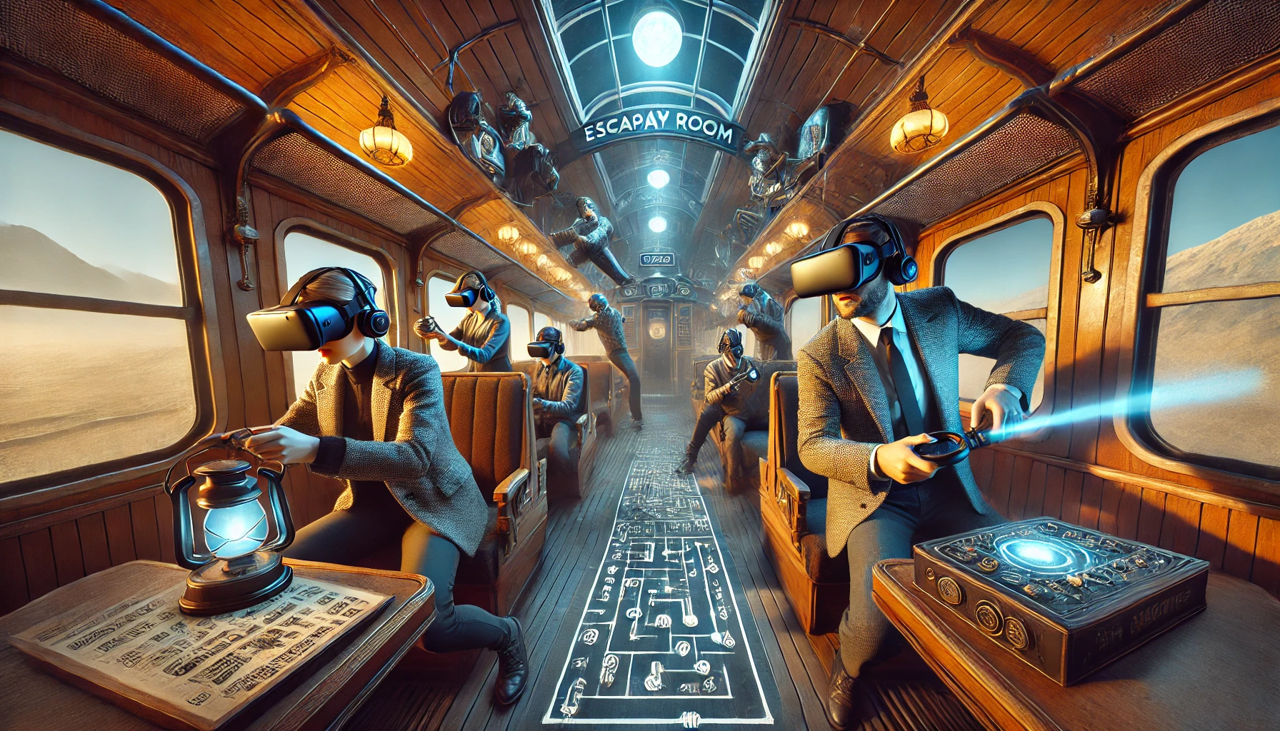 Group of players experiencing the VR escape room challenge Runaway Train at Zero Latency Jax, navigating puzzles in a virtual train setting