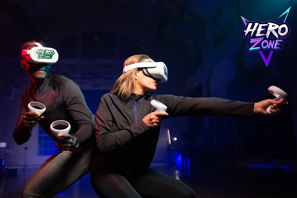 Two players in Hero Zone VR headsets at Zero Latency Jax