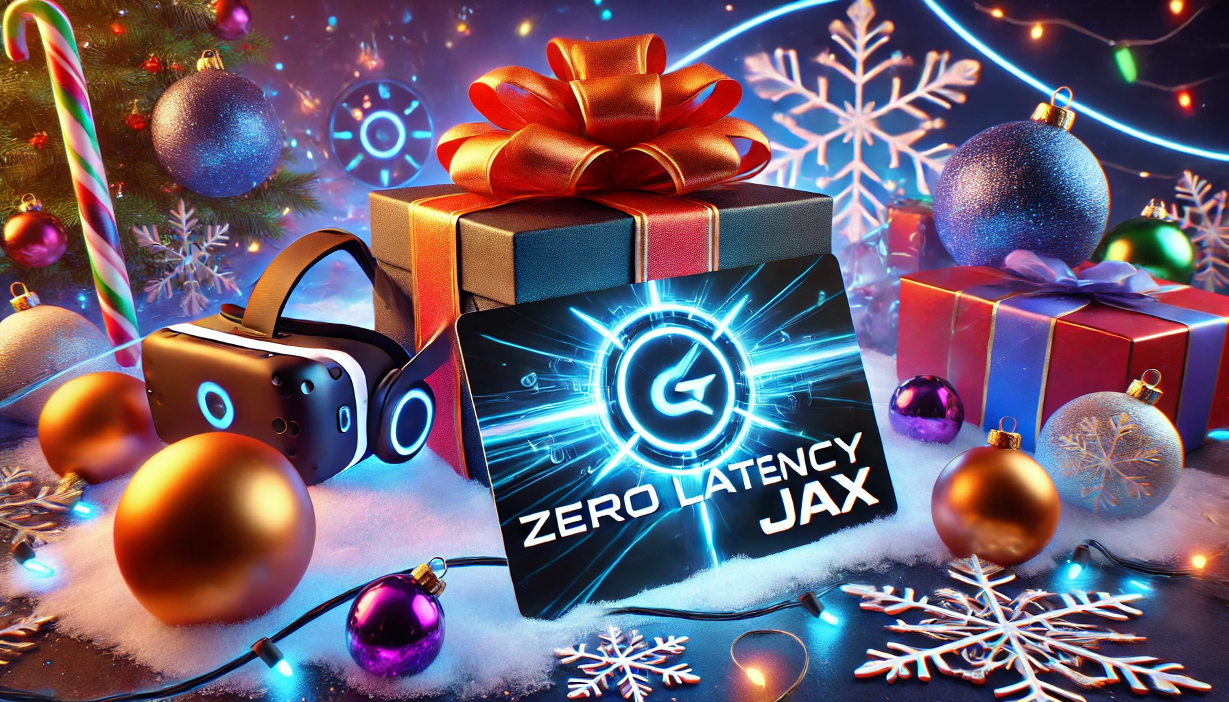 Festive holiday-themed image featuring a glowing Zero Latency Jax gift card surrounded by virtual reality gaming elements, including a VR headset, futuristic glowing light trails, and holiday decorations like snowflakes and ornaments, creating a cheerful seasonal vibe.