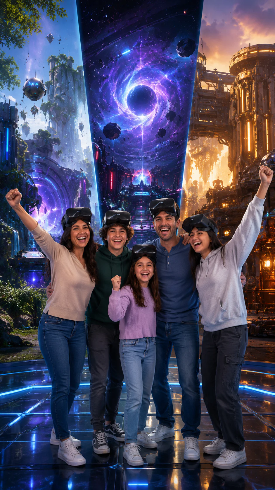 A family ready to explore colorful virtual reality worlds together