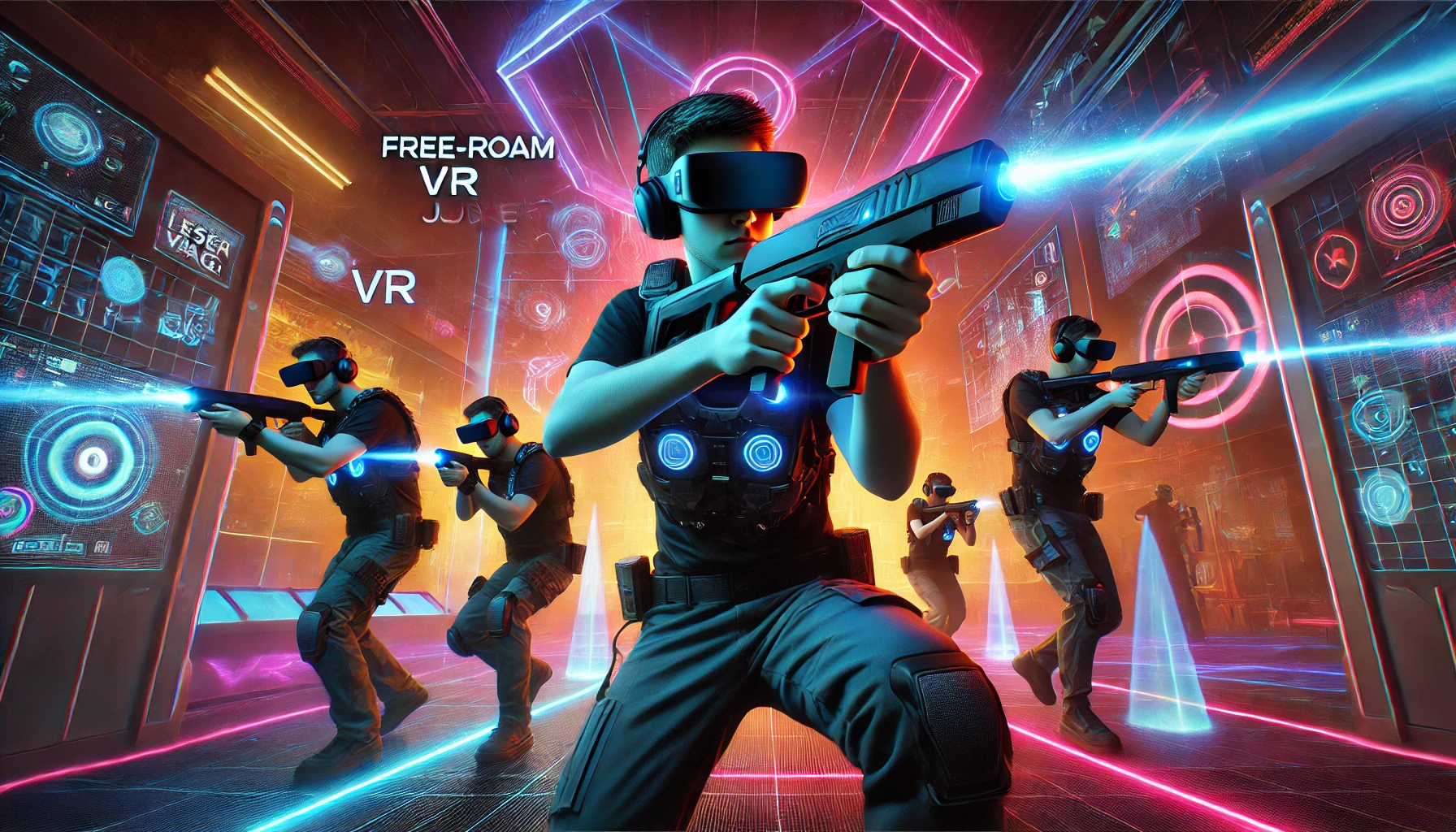 Players immersed in a free-roam VR experience at Zero Latency Jax, wearing VR headsets and holding futuristic VR guns in a colorful virtual arena. Highlights elements of laser tag combined with virtual reality, creating an action-packed gaming environment in Jacksonville.