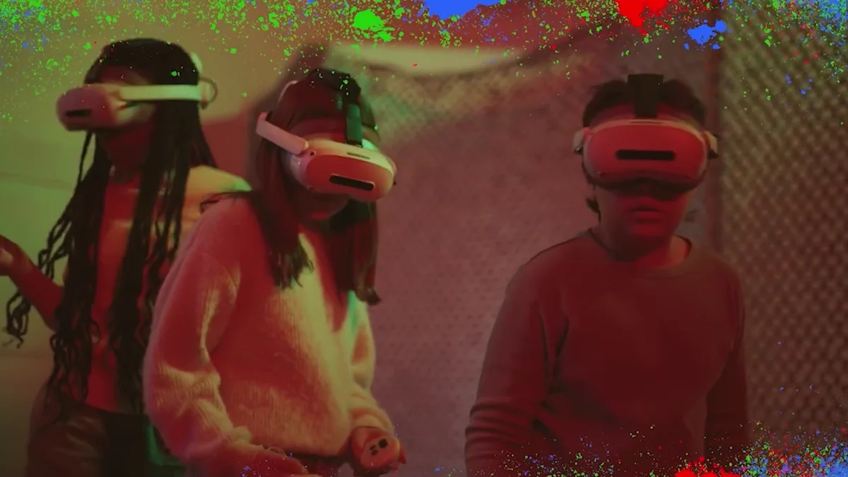 Players exploring a colorful VR Adventures world