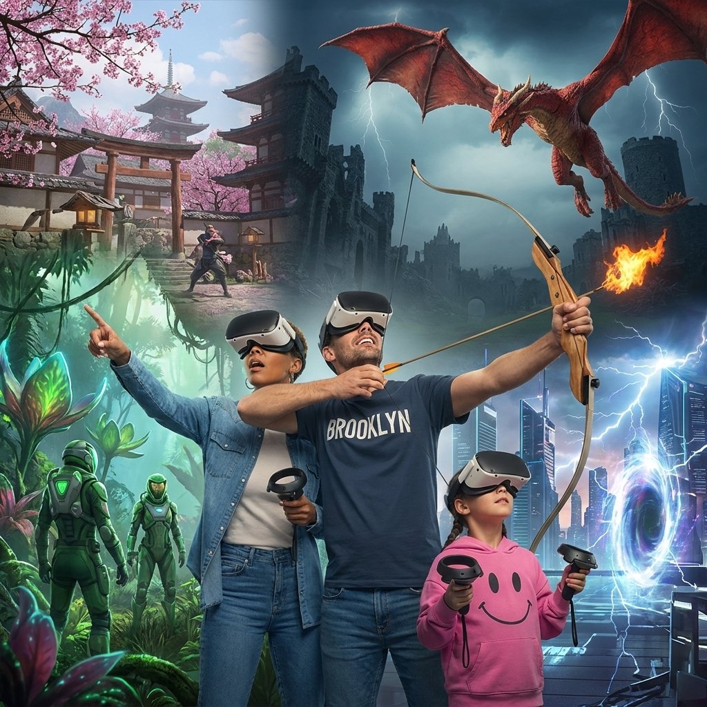 Family playing a VR escape room at Zero Latency Jacksonville